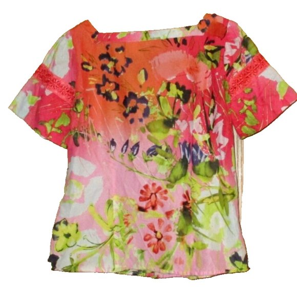 Harve Bernard Floral Peasant Blouse Cotton Top Button Front Shirt M Short Sleeve - Picture 5 of 5